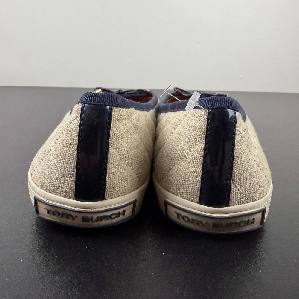Tory Burch Ballet Flats Women's 10B Beige Blue Cap Toe Slip-On Career Casual